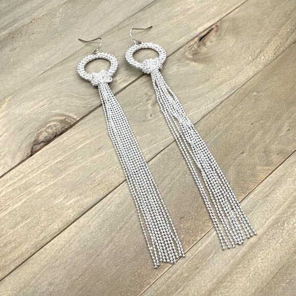 Natasha Earrings Sparkling Crystal Inlay Long Chain Tassel Silver Tone New - Picture 1 of 4